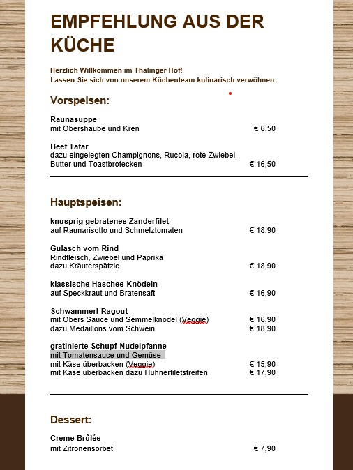 Empfehlung der Küche