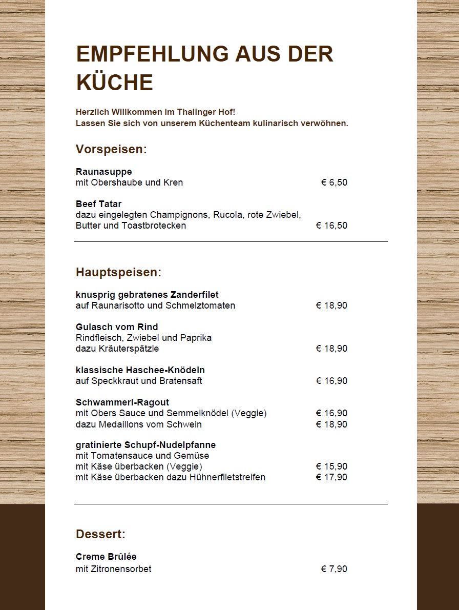 Empfehlung der Küche