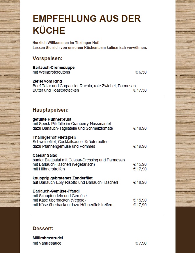 Empfehlung der Küche