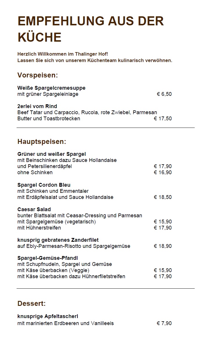 Empfehlung der Küche