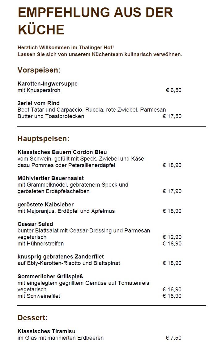 Empfehlung der Küche