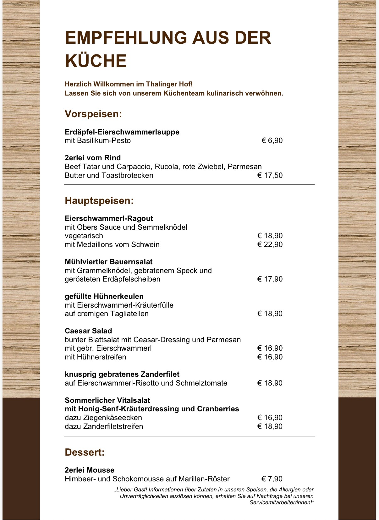 Empfehlung der Küche